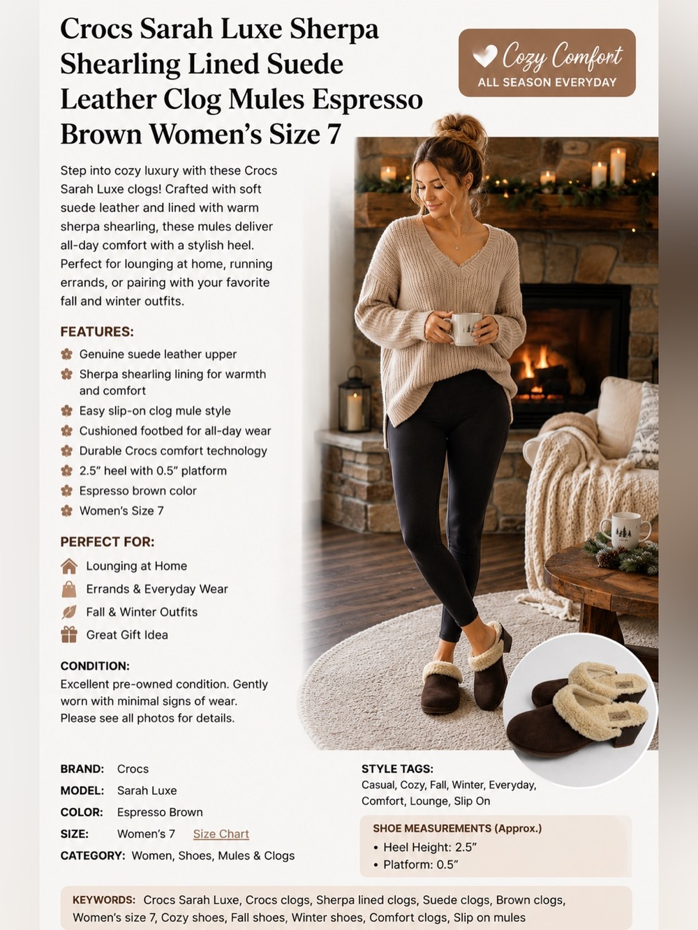 Crocs Sarah Luxe Sherpa Shearling Lined Suede Leather Clog Mules Express… - Picture 2 of 8